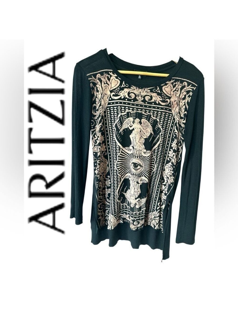 Aritzia Black Top with Cream Graphic Design Top XS